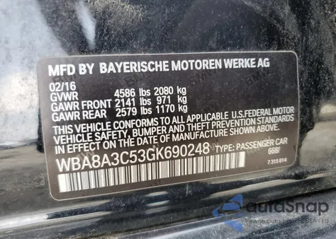 2016 BMW 320 Xi из США, поврежденный, VIN WBA8A3C53GK690248